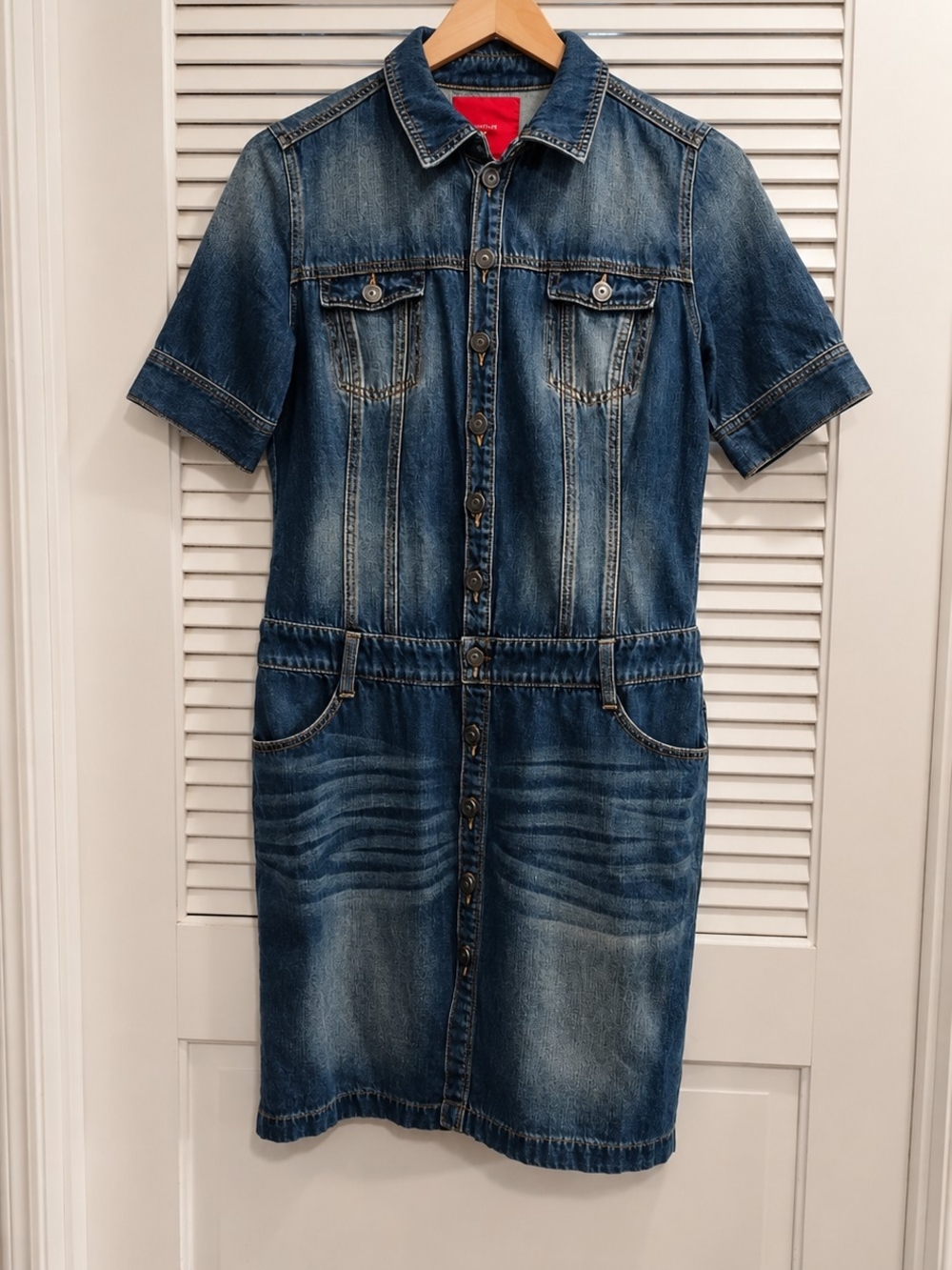Short-Sleeve Button-Front Denim Midi Dress - Blue